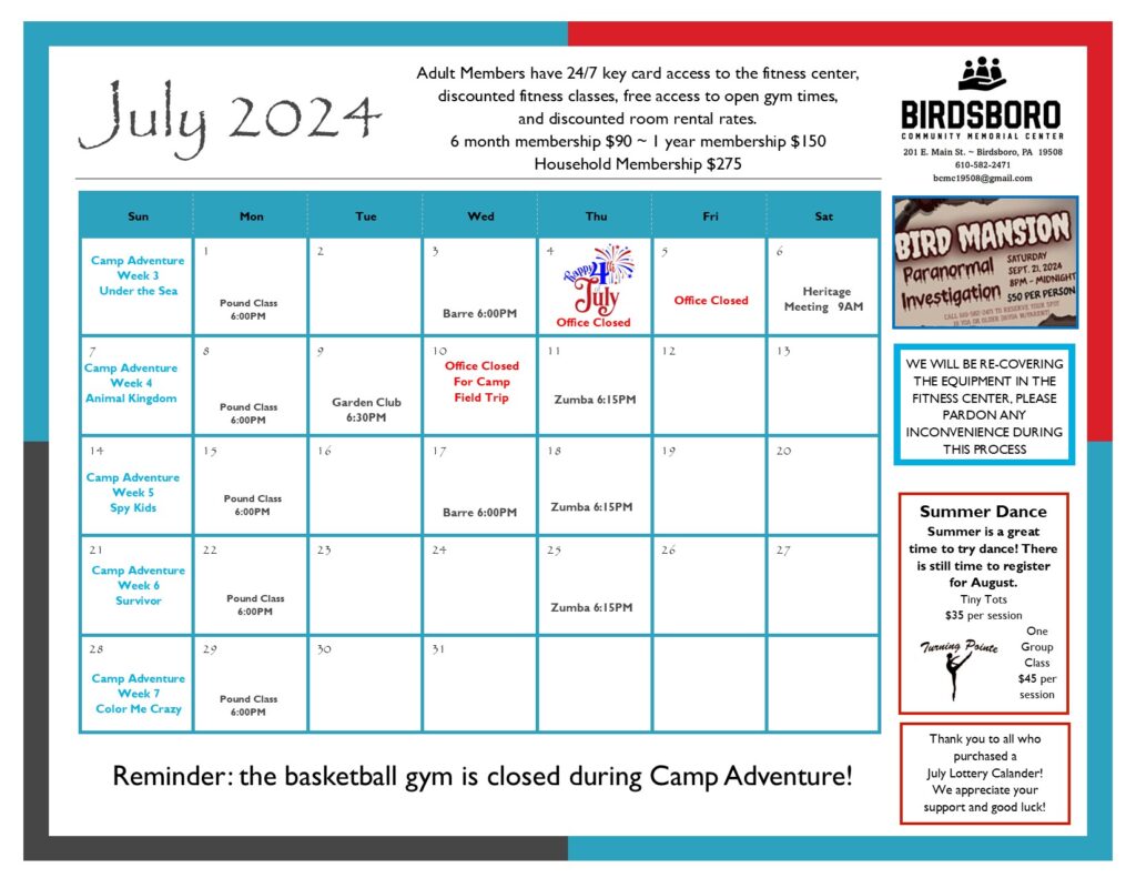 Calendar/Open Gym Birdsboro Community Memorial Center